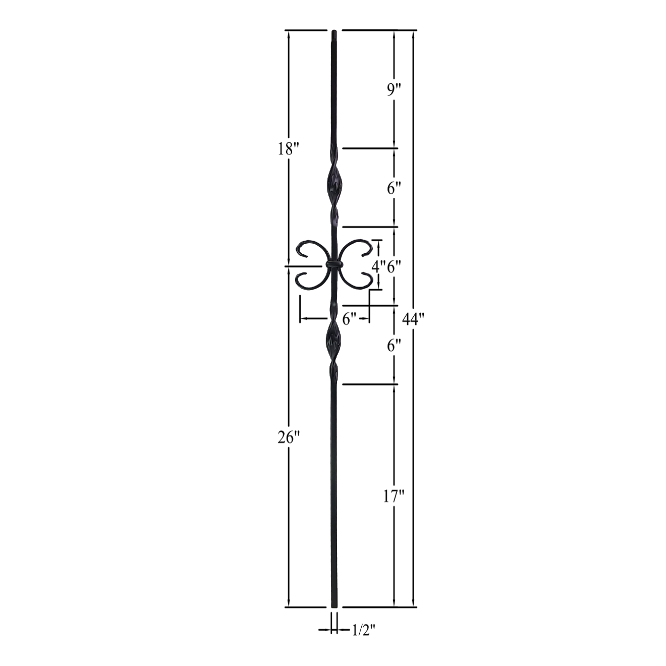 T-1.10 - 1/2" Square Metal Baluster - Double Ribbon w/ Butterfly
