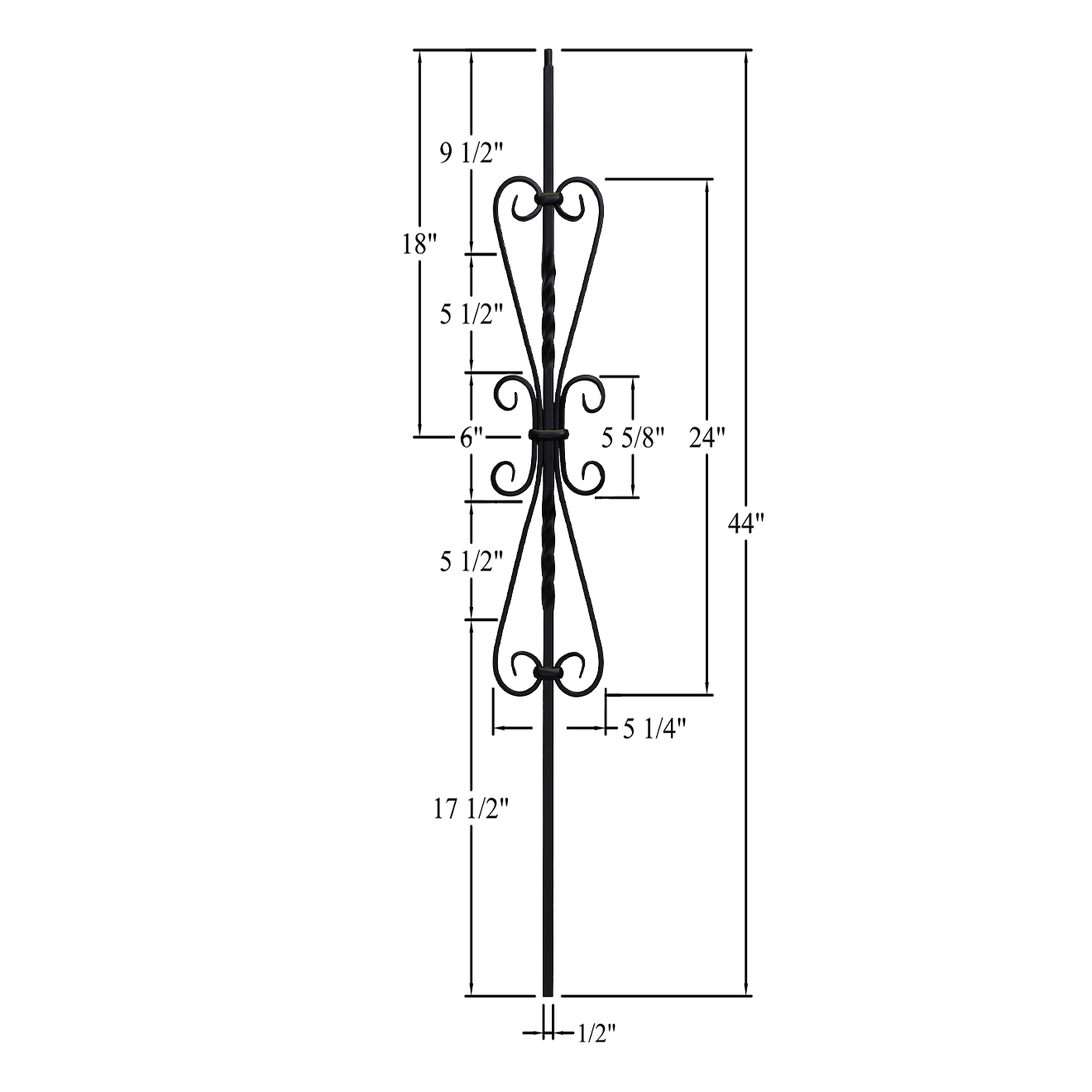 T-1.41 - 1/2" Square Metal Baluster - Double Scroll w/ Double Twist