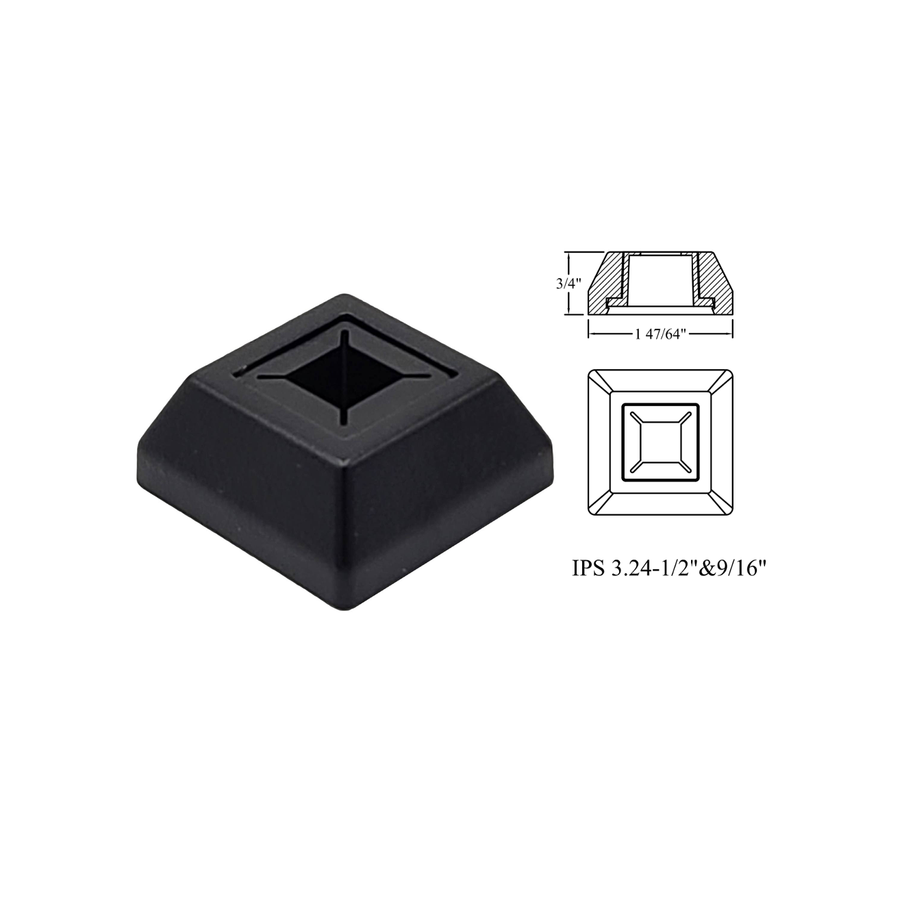 3.24 - 1/2" or 9/16" Baluster Shoe - Flat Square w/ Plastic Insert