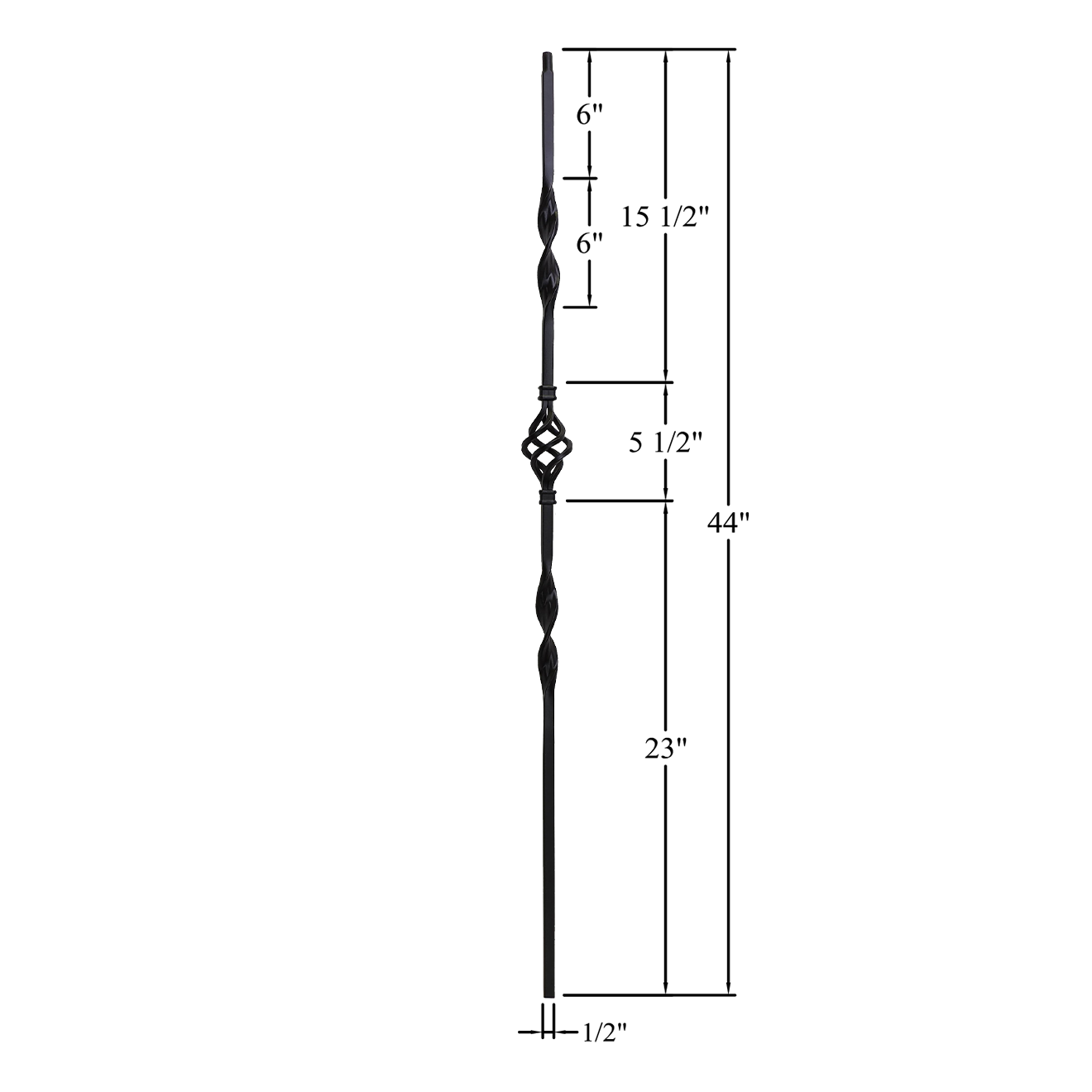 T-3.6 - 1/2" Square Metal Baluster - Basket w/ Double Ribbon Twist