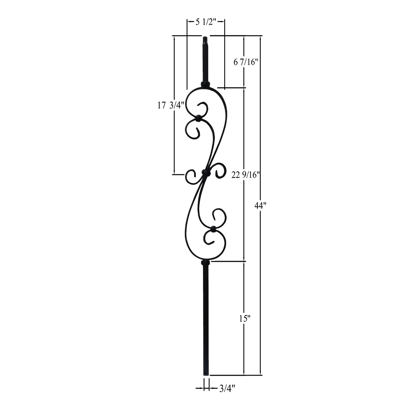 T-MG60144 - 3/4" Mega Square Metal Baluster - S Scroll