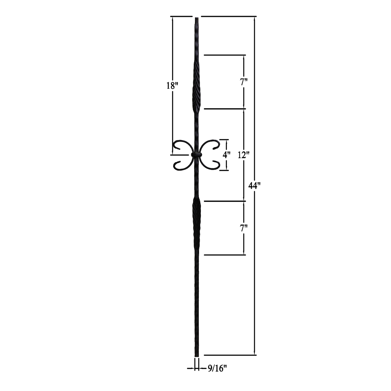 T-26HE - 9/16" Hammered Edge Metal Baluster - Double Feather w/ Butterfly