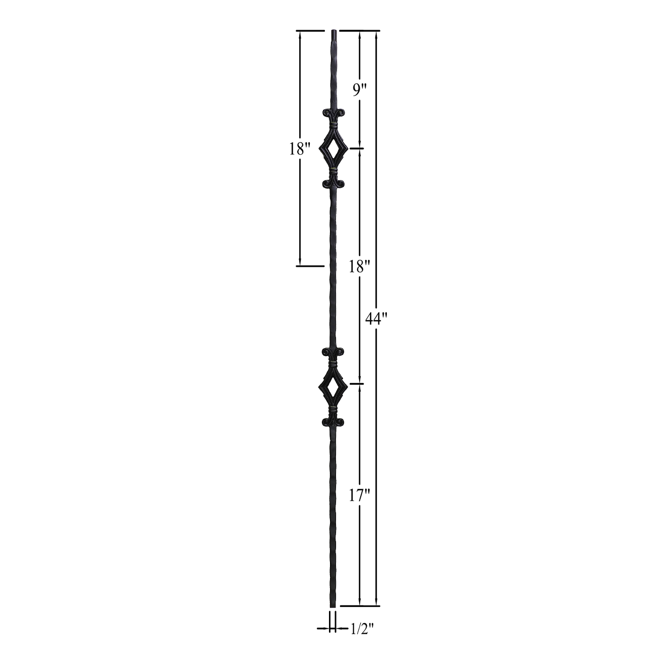 T-69IRHF - 1/2" Hammered Metal Baluster - Double Diamond