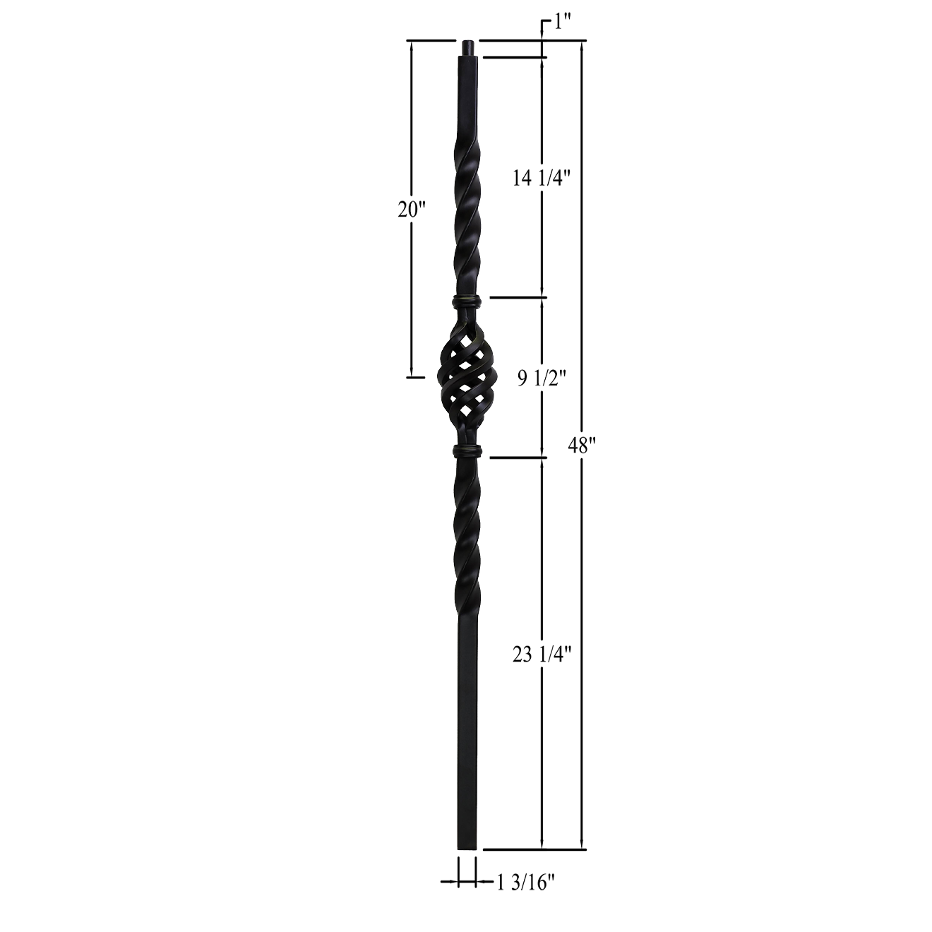 T-NWLBASK48 - 1-3/16" Square Metal Newel - Basket w/ Twist